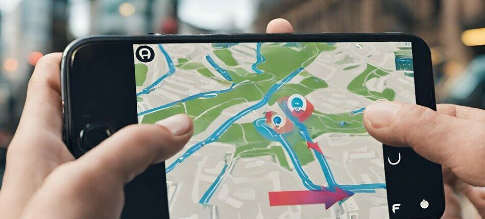 An image of using an AR app for navigation, with arrows and information overlaid on their smartphone screen.