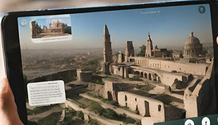 An image of a student using an AR app to learn about historical landmarks by viewing them virtually.