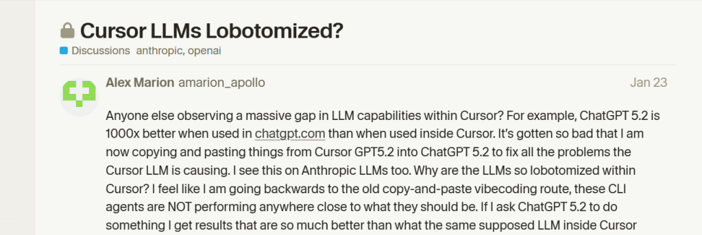developers discussion on Cursor being weaker or backward