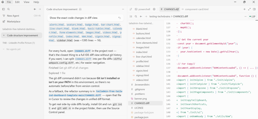 TechnBrains workflow testing showing Cursor reducing repetitive React refactor work through AI-assisted editor changes