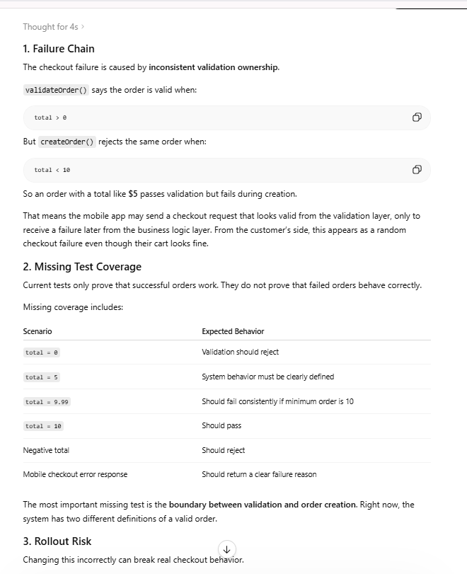 TechnBrains checkout debugging evaluation using ChatGPT to identify failure chains, missing tests, and rollout risk