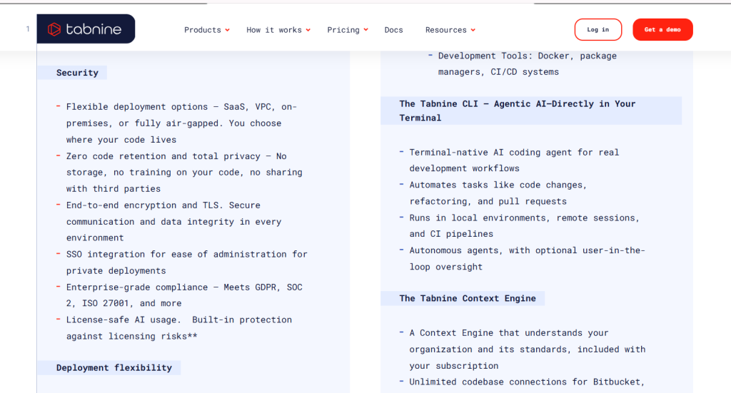 Tabnine enterprise security controls including zero code retention, deployment flexibility, privacy safeguards, and compliance-focused AI coding infrastructure