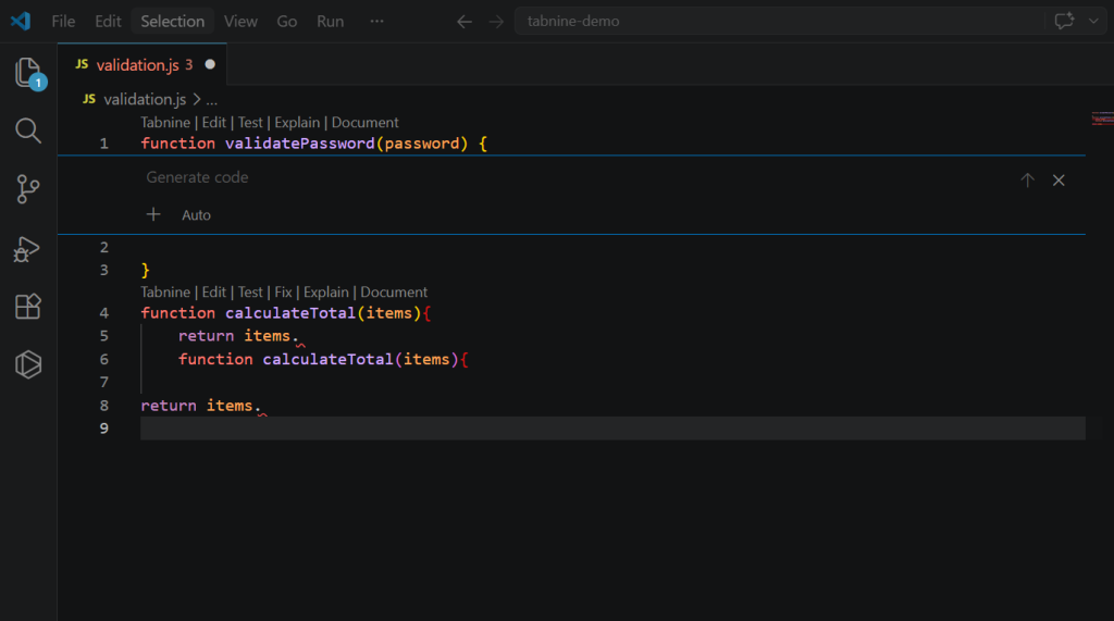 TechnBrains evaluation showing Tabnine developer-controlled code assistance inside VS Code