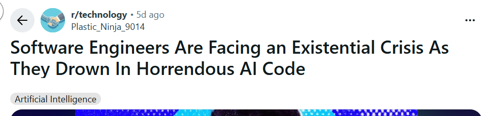 r/technology thread on AI-generated code needing senior review before production