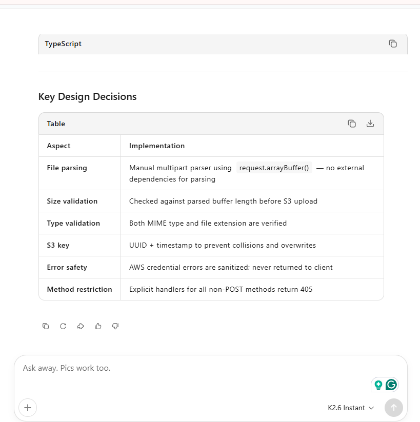 TechnBrains test: Kimi hand-rolled multipart parser instead of request.formData() in Next.js