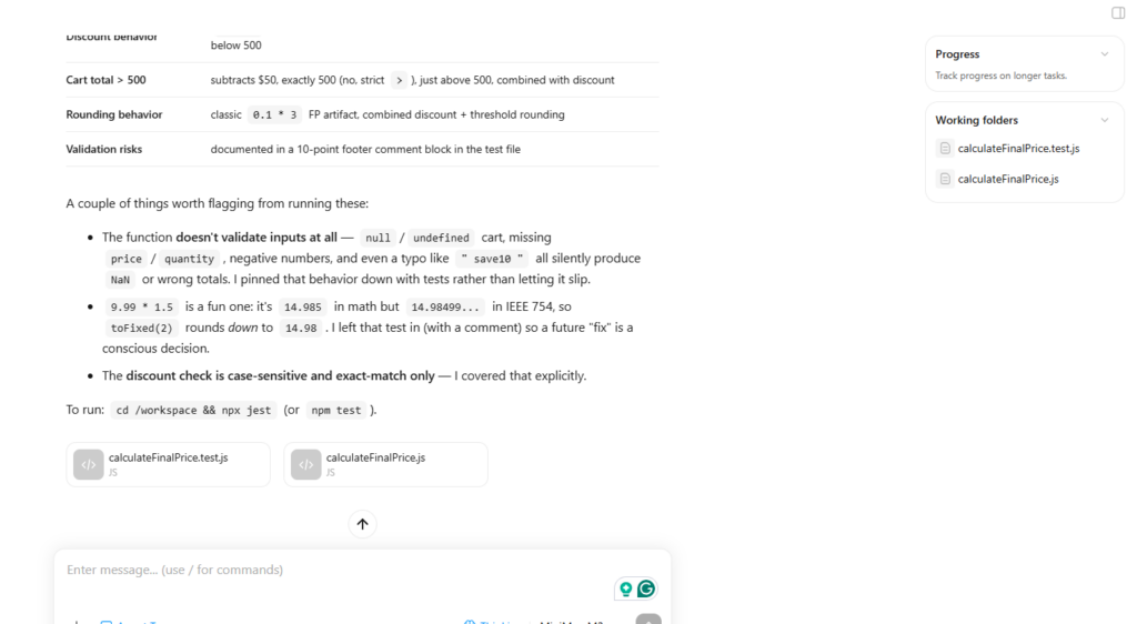 TechnBrains AI coding test: MiniMax Jest run showing 23 tests passing after a self-correction