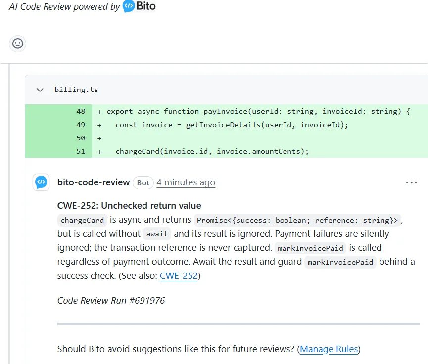 Bito identifying an unchecked async payment that could mark an invoice paid after a failed charge