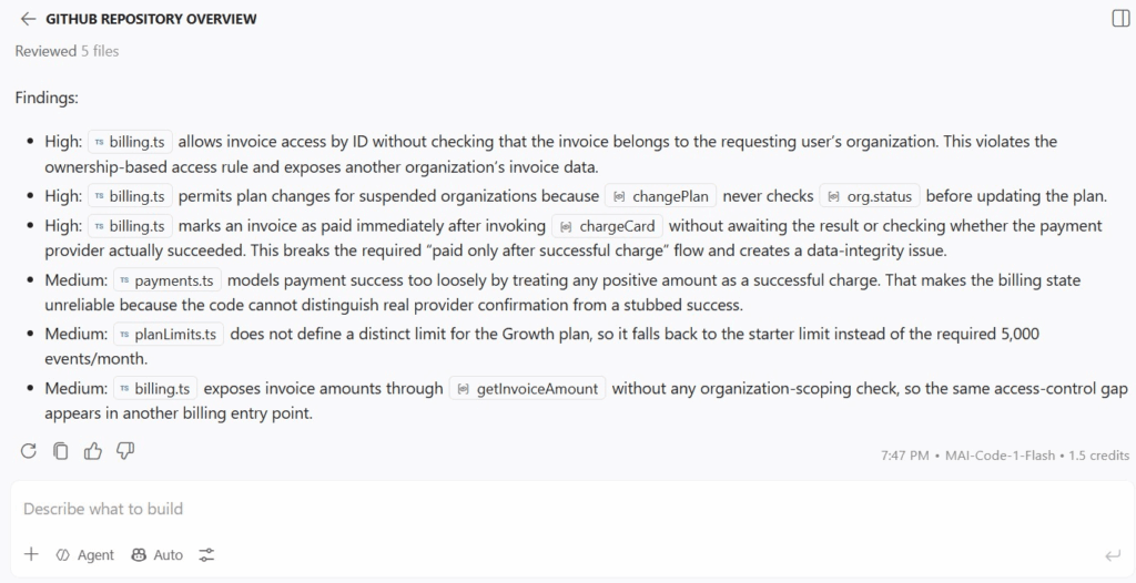 GitHub Copilot repository review showing four seeded defects and additional code review findings