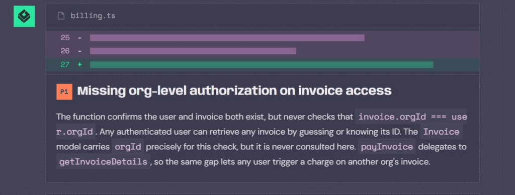 Greptile identifying the missing organization authorization check in invoice retrieval code