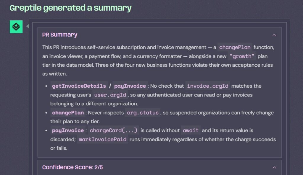 Greptile pull request review showing a low merge confidence score and production issues in the benchmark