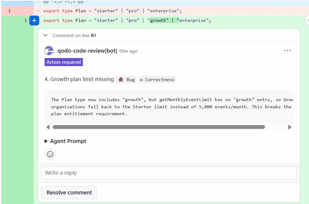 Qodo Merge identifying the missing Growth plan limit in unchanged repository code
