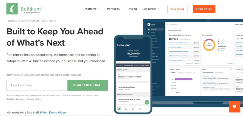 Buildium website header presenting property management and accounting software for landlords