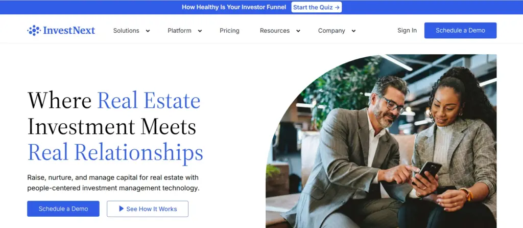 InvestNext website header presenting its real estate investment management platform