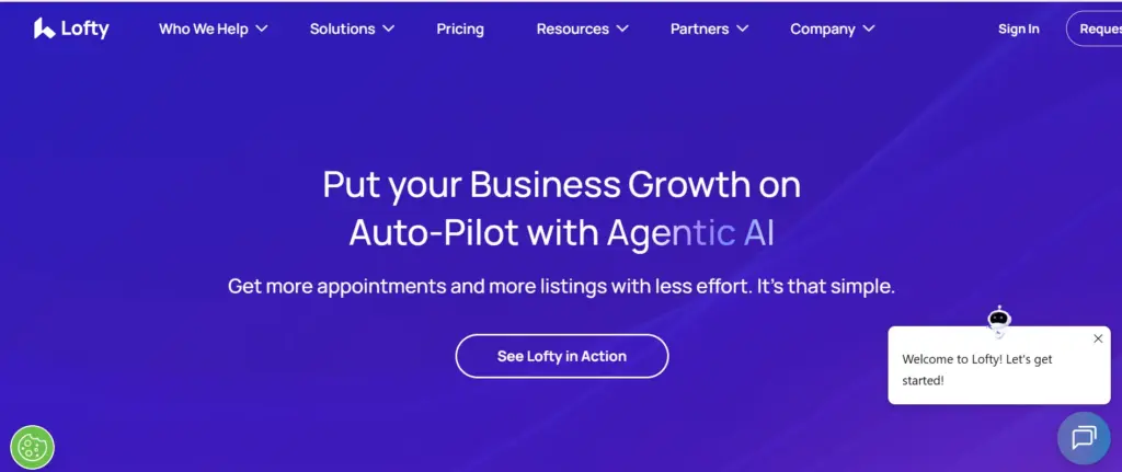 Lofty real estate platform website header featuring CRM, IDX, and AI-assisted follow-up tools