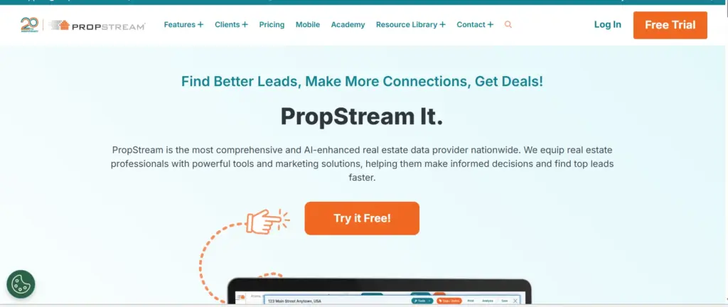 PropStream website header for property data, deal sourcing, and real estate investor research