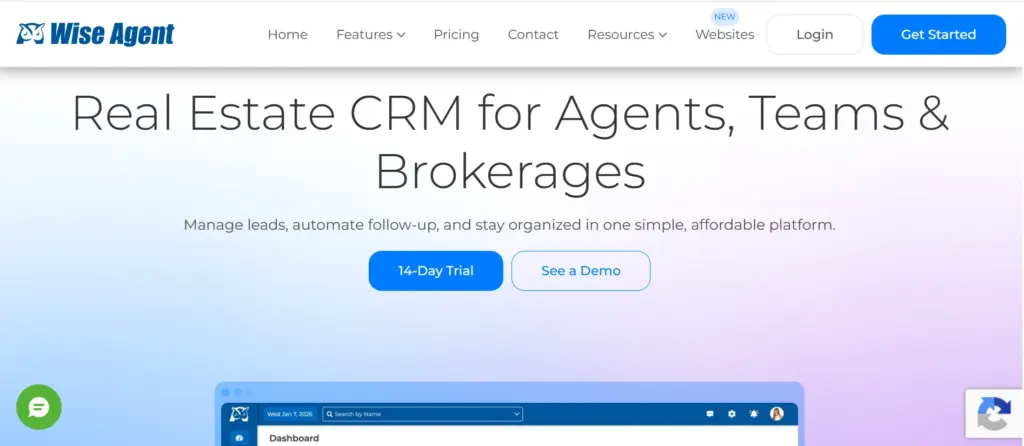 Wise Agent real estate CRM website header showing its agent and team management platform